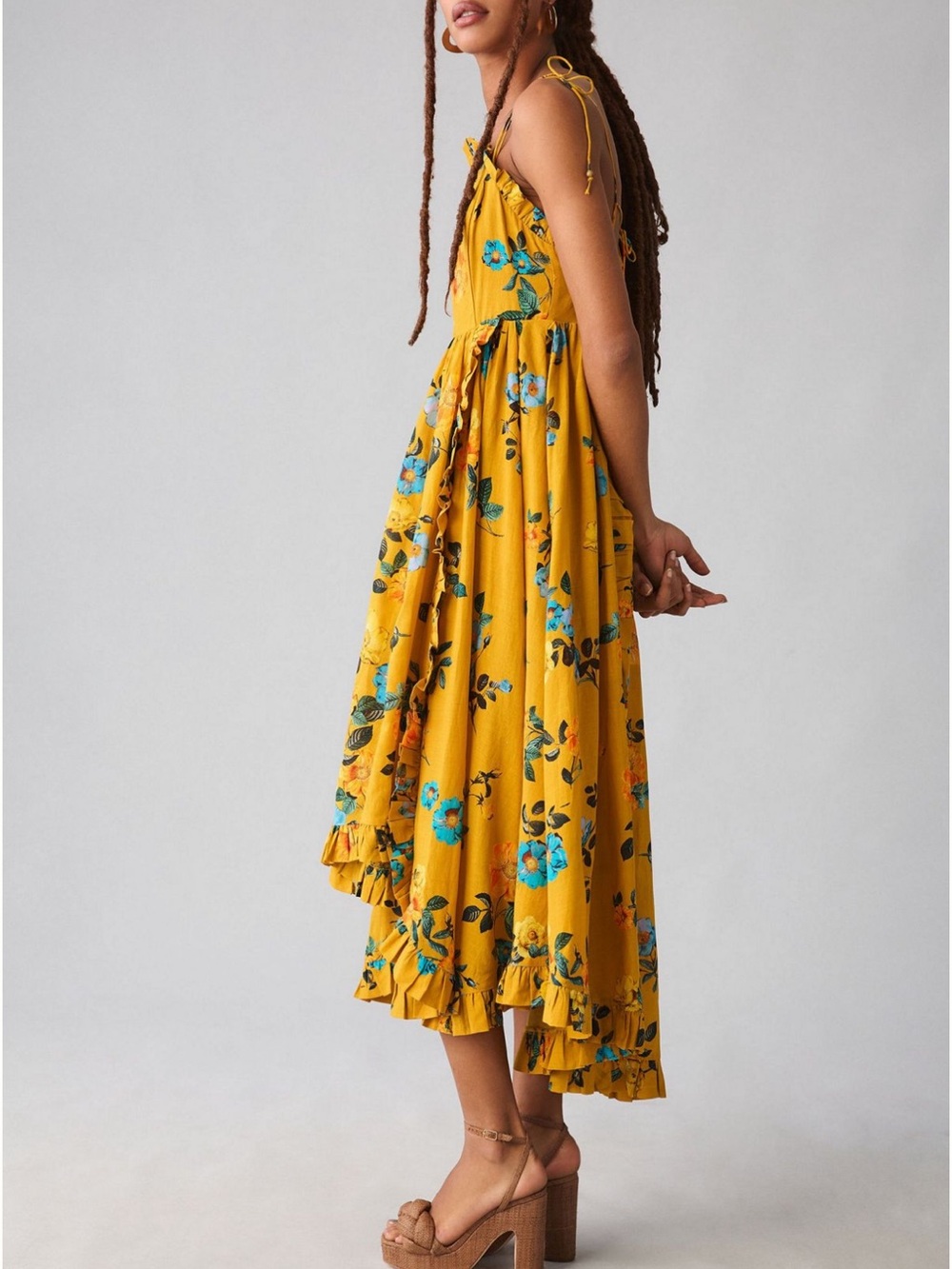 Anthropologie Mustard Yellow Floral High-Low Dress - Picture 7 of 7